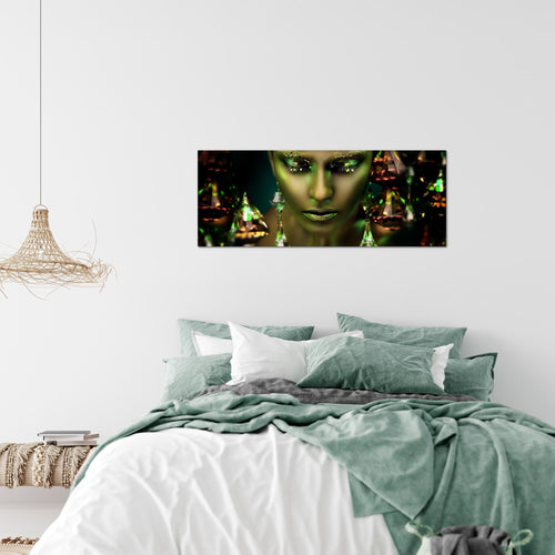 Runa Art Wandbild Frau Gesicht Lippen 100 x 40 cm Modern Bild auf Vlies Leinwand Kosmetik Fashion Wohnzimmer Schlafzimmer Grün Gold 042112b