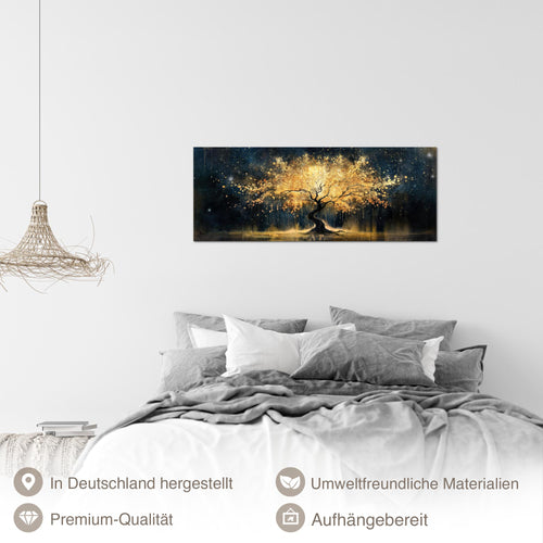 Runa Art Wandbild Abstrakt 100 x 40 cm Modern Bild auf Vlies Leinwand Gold Wohnzimmer Schlafzimmer Büro Baum 056912a
