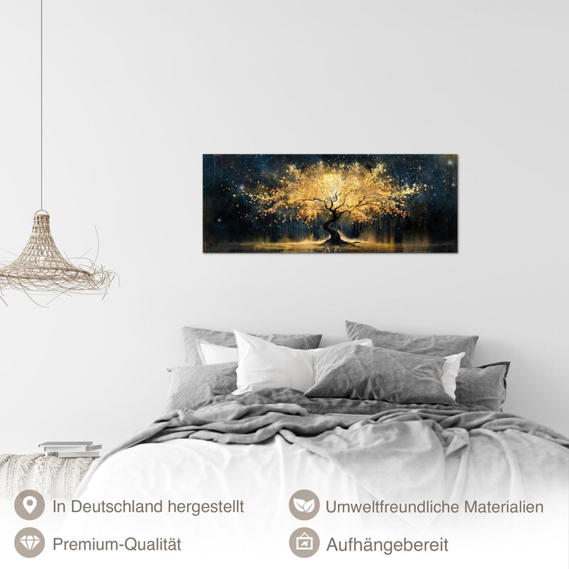 Runa Art Wandbild Abstrakt 100 x 40 cm Modern Bild auf Vlies Leinwand Gold Wohnzimmer Schlafzimmer Büro Baum 056912a