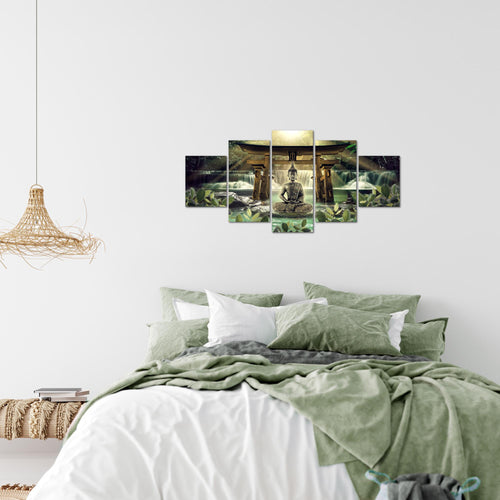 Runa Art Wandbilder Feng Shui Buddha 5 Teilig Bild auf Vlies Leinwand Deko Wohnzimmer Schlafzimmer Spa Grün Braun 036452a