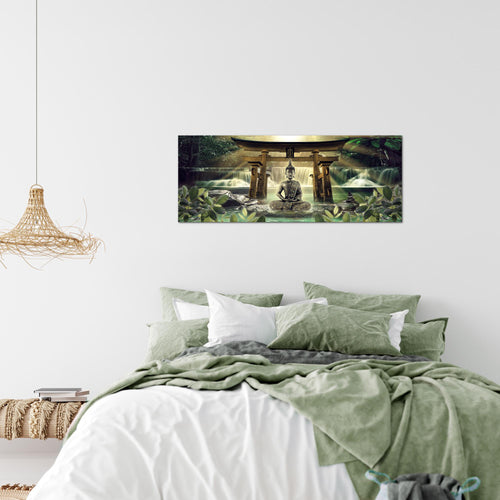 Runa Art Wandbild Feng Shui Buddha 1 Teilig 100 x 40 cm Modern Bild auf Vlies Leinwand Spa Wohnzimmer Schlafzimmer Grün Braun 036412a