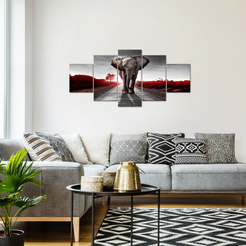 Runa Art Wandbilder Afrika Elefant 5 Teilig Bild auf Vlies Leinwand Deko Wohnzimmer Schlafzimmer Tiere Rot Grau 042652b