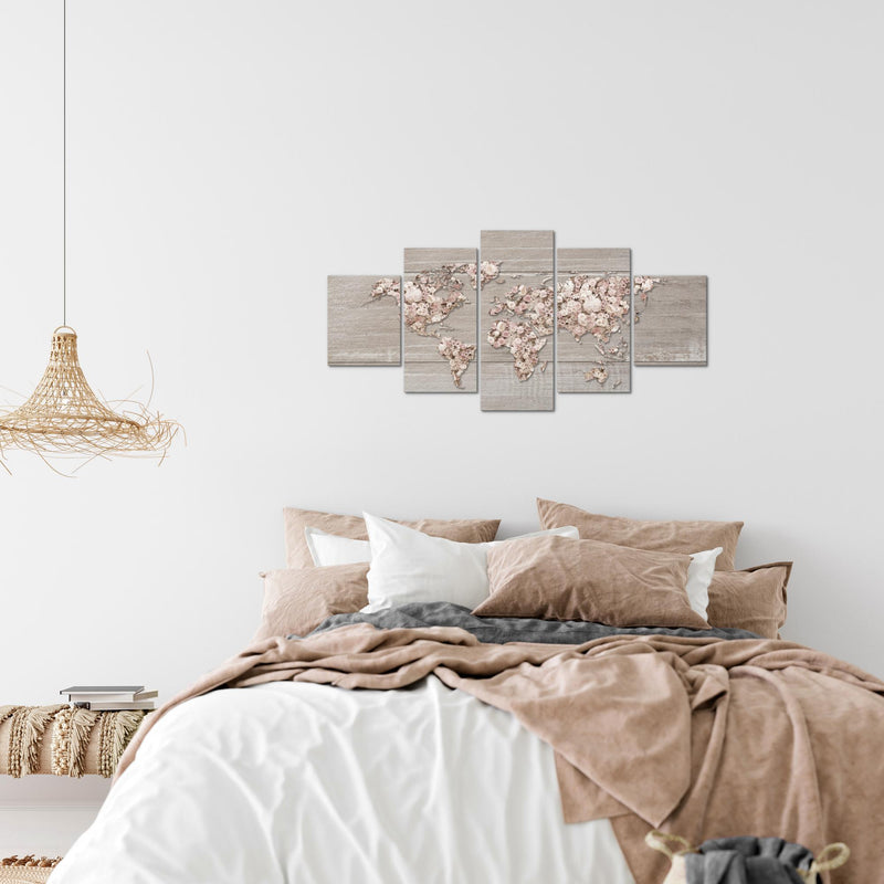 Runa Art Wandbilder Weltkarte Blumen 5 Teilig Bild auf Vlies Leinwand Deko Wohnzimmer Kontinente Biege Braun 023252c