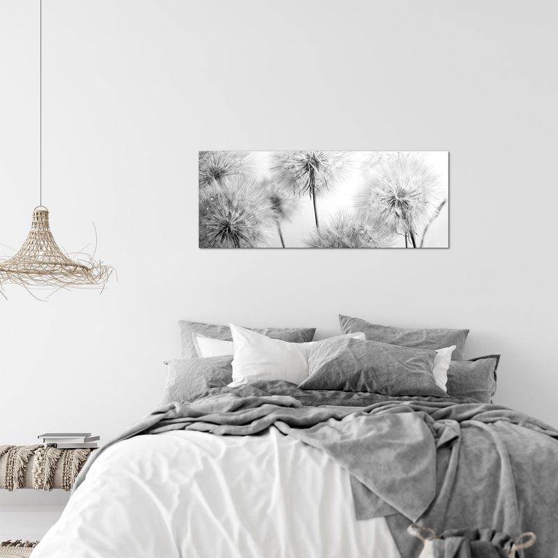 Runa Art Wandbild Blumen Pusteblumen 100 x 40 cm Modern Bild auf Vlies Leinwand Natur Wohnzimmer Schwarz Weiss 042012c