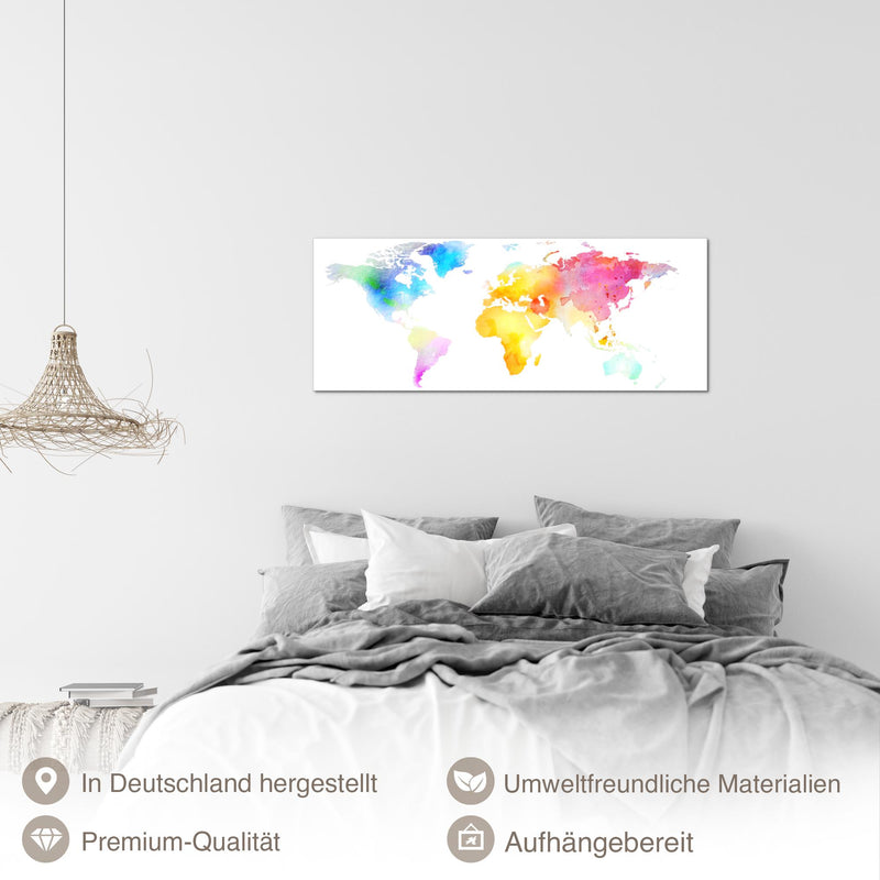 Runa Art Wandbild Weltkarte 100L x 40B cm Modern Bild auf Vlies Leinwand Bunt Wohnzimmer Schlafzimmer Büro Weltkarte Farben 057512a