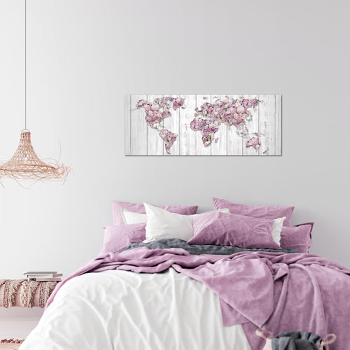 Runa Art Wandbild Weltkarte Blumen 1 Teilig 100 x 40 cm Modern Bild auf Vlies Leinwand Vintage Wohnzimmer Grau Rosa 023212b