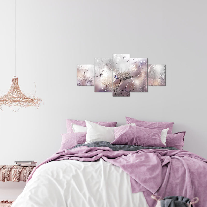Runa Art Wandbilder Blumen Pusteblumen 5 Teilig Bild auf Vlies Leinwand Deko Wohnzimmer Morgentau Rosa Grau 043152b