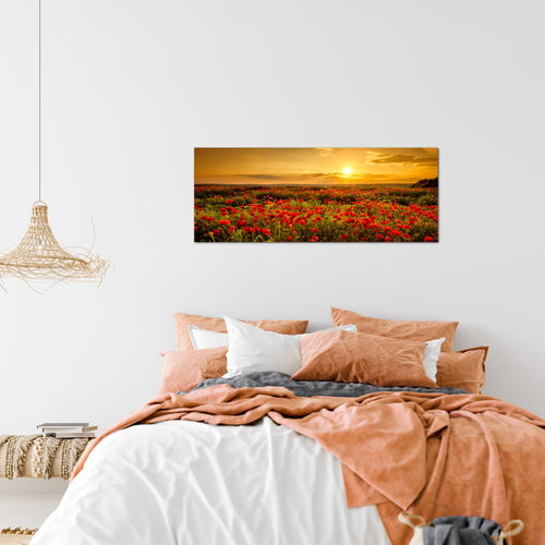 Runa Art Wandbild Mohnblumen 100 x 40 cm Modern Bild auf Vlies Leinwand Blumenwiese Sonnenutergang Wohnzimmer Schlafzimmer Rot 043912a