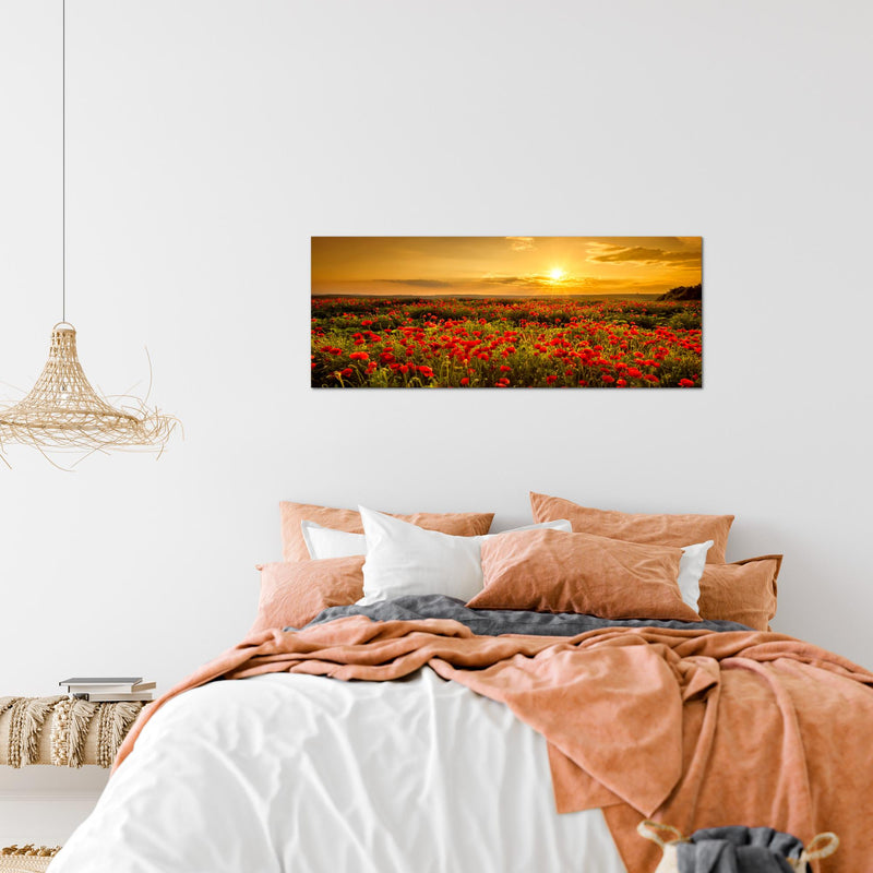Runa Art Wandbild Mohnblumen 100 x 40 cm Modern Bild auf Vlies Leinwand Blumenwiese Sonnenutergang Wohnzimmer Schlafzimmer Rot 043912a