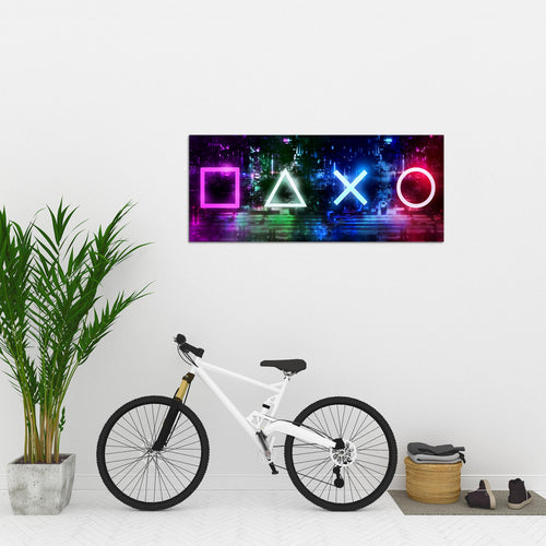 Runa Art Wandbild Gamer 100 x 40 cm Modern Bild auf Vlies Leinwand Lila Kinderzimmer Formen 038812a