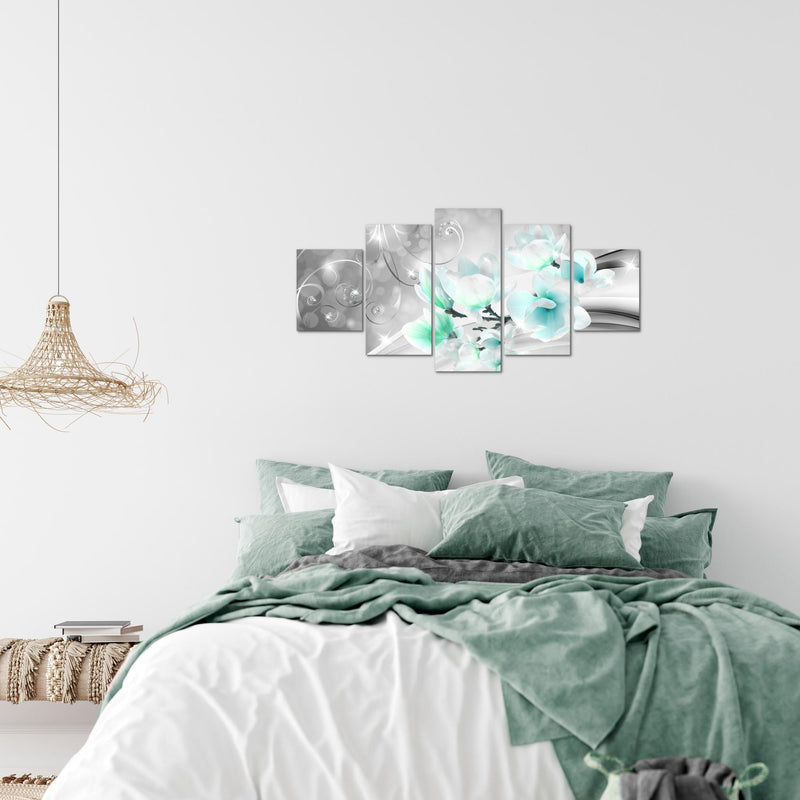 Runa Art Wandbilder Blumen Abstrakt 5 Teilig Bild auf Vlies Leinwand Deko Wohnzimmer Diamant Grau Türkis 035352c