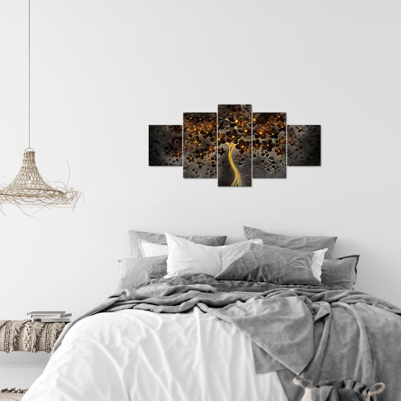 Runa Art Wandbilder Blumen 5 Teilig Bild auf Vlies Leinwand Deko Wohnzimmer Abstrakt Baum Schwarz Gold 039752c
