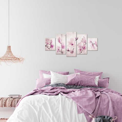 Runa Art Wandbilder Blumen Magnolien 5 Teilig Bild auf Vlies Leinwand Deko Wohnzimmer Abstrakt Grau Rosa 007752b
