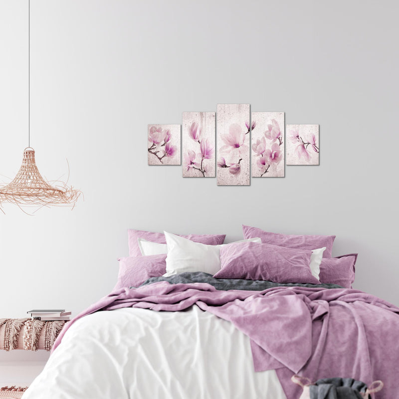 Runa Art Wandbilder Blumen Magnolien 5 Teilig Bild auf Vlies Leinwand Deko Wohnzimmer Abstrakt Grau Rosa 007752b