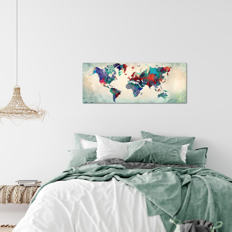 Runa Art Wandbild Weltkarte 1 Teilig 100 x 40 cm Modern Bild auf Vlies Leinwand Kontinente Büro Wohnzimmer Bunt Grün 105112b