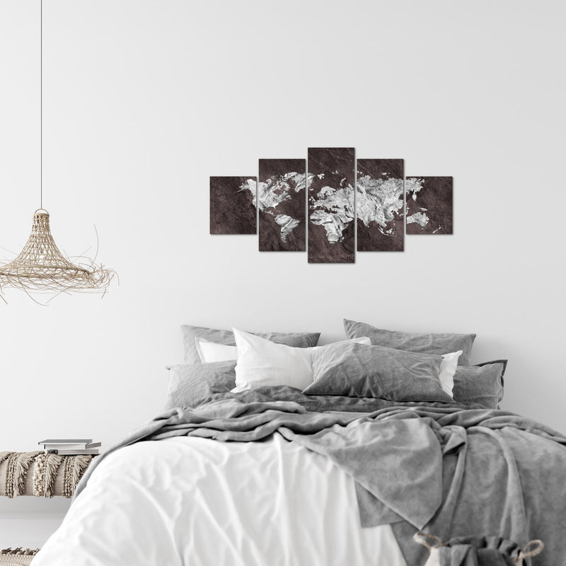 Runa Art Wandbilder Weltkarte 5 Teilig Bild auf Vlies Leinwand Deko Büro Wohnzimmer Landkarte Beton Braun 002952b