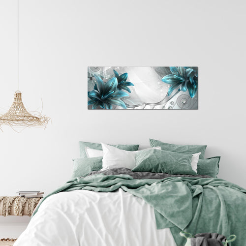 Runa Art Wandbild Blumen Lilien 1 Teilig 100 x 40 cm Modern Bild auf Vlies Leinwand Abstrakt Wohnzimmer Grau Blau 036812c
