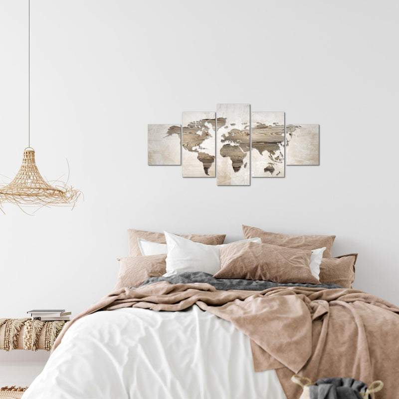 Runa Art Wandbilder Weltkarte 5 Teilig Bild auf Vlies Leinwand Deko Büro Wohnzimmer Abstrakt Beige Braun 035052a