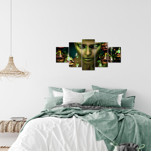 Runa Art Wandbilder Frau Gesicht Lippen 5 Teilig Bild auf Vlies Leinwand Deko Wohnzimmer Schlafzimmer Kosmetik Fashion Grün Gold 042152b