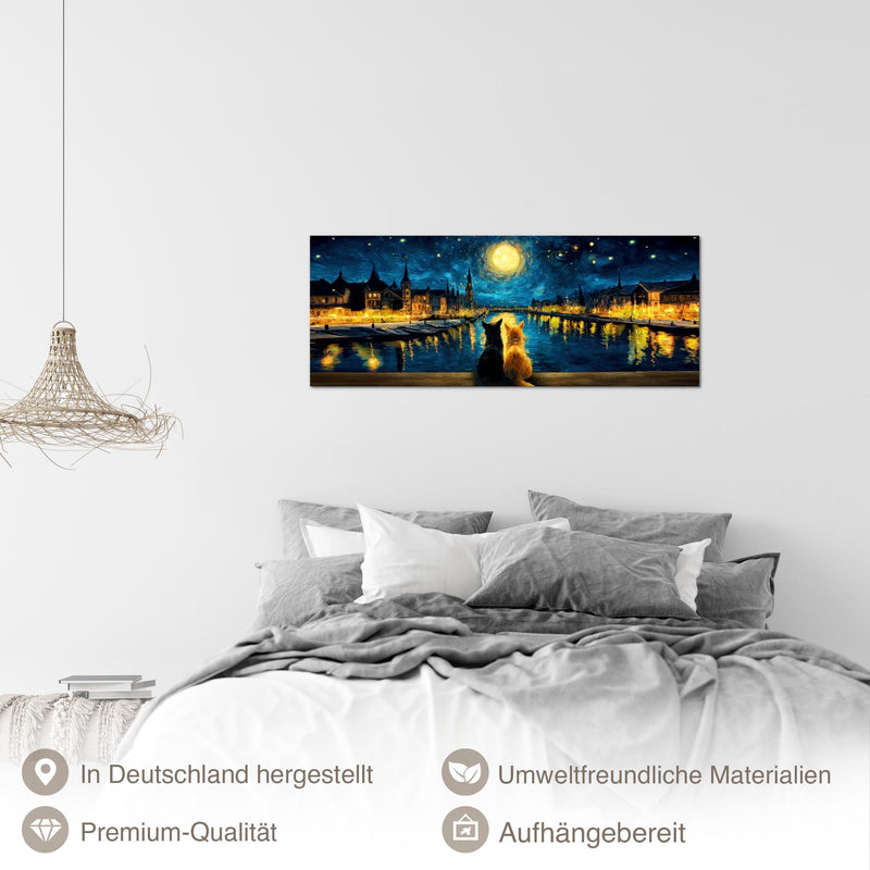 Runa Art Wandbild Tiere 100 x 40 cm Modern Bild auf Vlies Leinwand Nachtblau Wohnzimmer Schlafzimmer Büro Hunde 058412a