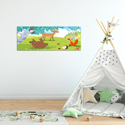 Runa Art Wandbild Kinderzimmer Wald 1 Teilig 100 x 40 cm Modern Bild auf Vlies Leinwand Waldtiere Babyzimmer Spielzimmer Grün 001812c