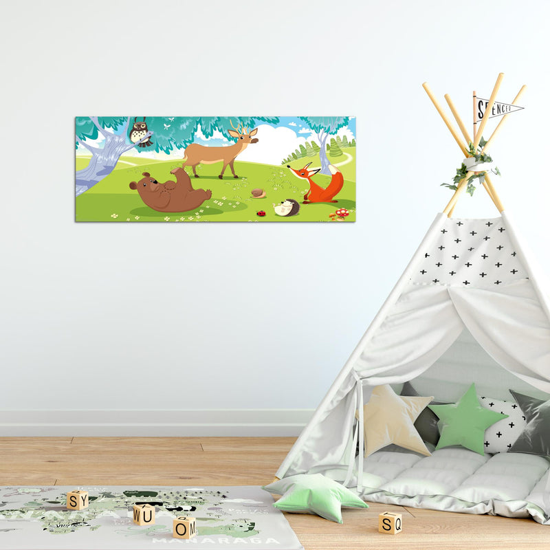 Runa Art Wandbild Kinderzimmer Wald 1 Teilig 100 x 40 cm Modern Bild auf Vlies Leinwand Waldtiere Babyzimmer Spielzimmer Grün 001812c