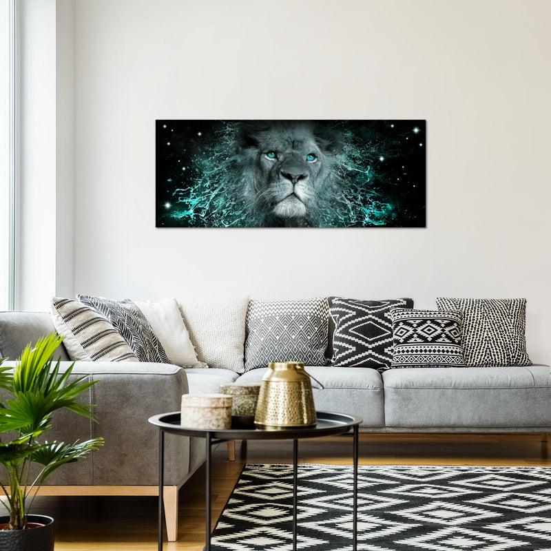 Runa Art Wandbild Afrika Löwe 1 Teilig 100 x 40 cm Modern Bild auf Vlies Leinwand Abstrakt Tiere Wohnzimmer Schlafzimmer Schwarz Türkis 040712b