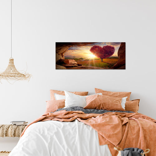Runa Art Wandbild Natur Gebirge 1 Teilig 100 x 40 cm Modern Bild auf Vlies Leinwand Baum Herz Wohnzimmer Schlafzimmer Beige Rosa 607612c