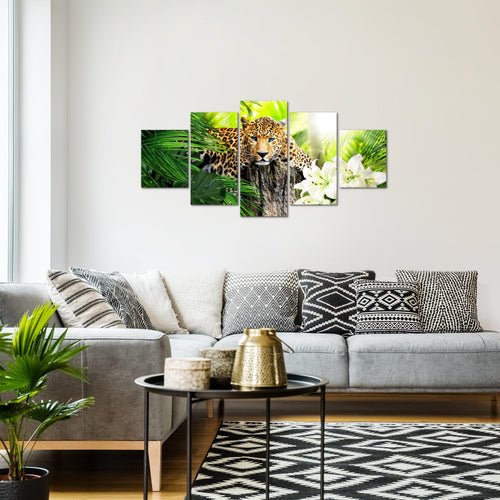 Runa Art Wandbilder Afrika Leopard 5 Teilig Bild auf Vlies Leinwand Deko Wohnzimmer Schlafzimmer Raubkatze Dschungel Grün 006752b