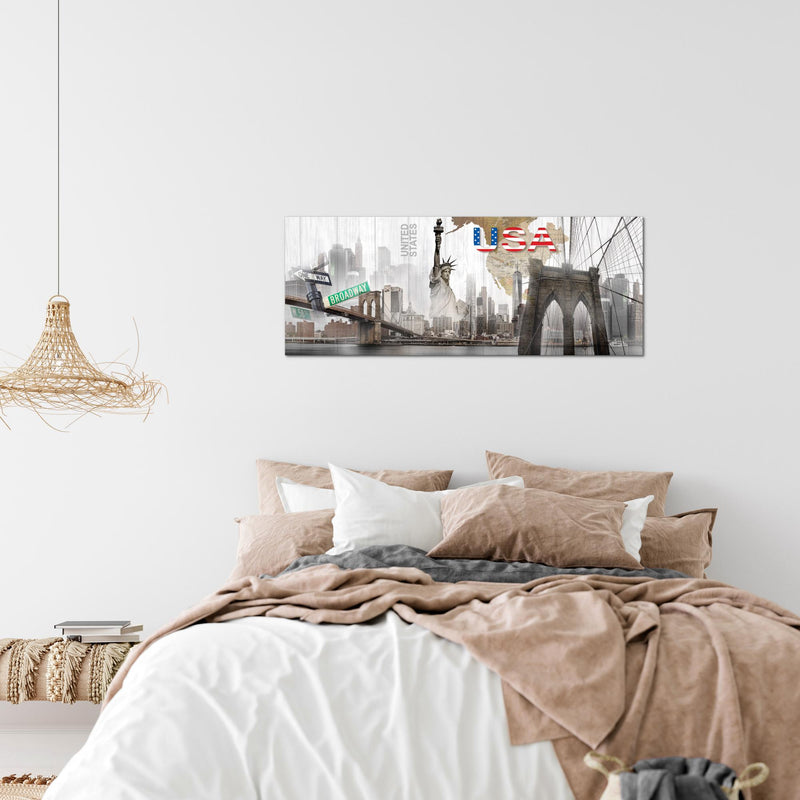 Runa Art Wandbild New York 1 Teilig 100 x 40 cm Modern Bild auf Vlies Leinwand USA Freiheitsstatue Wohnzimmer Büro Bunt 034712a