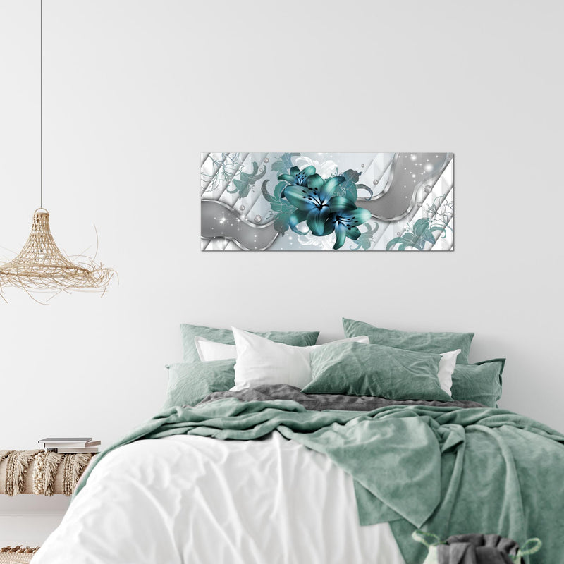 Runa Art Wandbild Blumen Lilien 1 Teilig 100 x 40 cm Modern Bild auf Vlies Leinwand Abstrakt Wohnzimmer Grau Türkis 016512a