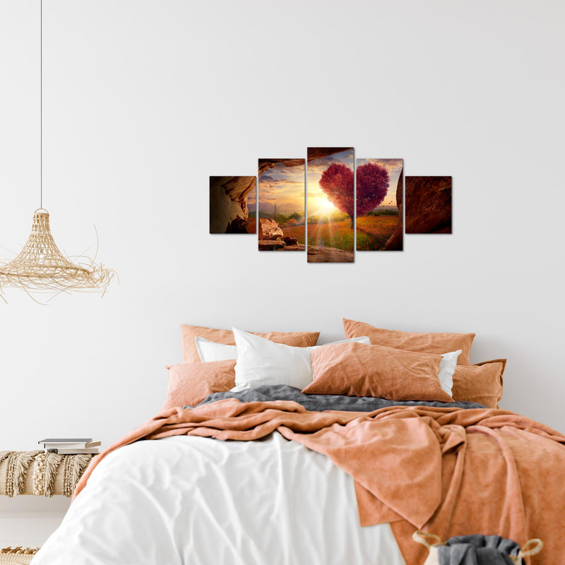 Runa Art Wandbilder Natur Gebirge 5 Teilig Bild auf Vlies Leinwand Deko Wohnzimmer Schlafzimmer Baum Herz Beige Rosa 607652c