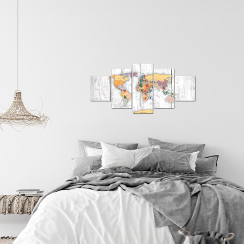 Runa Art Wandbilder Weltkarte Holz 5 Teilig Bild auf Vlies Leinwand Deko Büro Wohnzimmer Kontinente Weiss 108752c