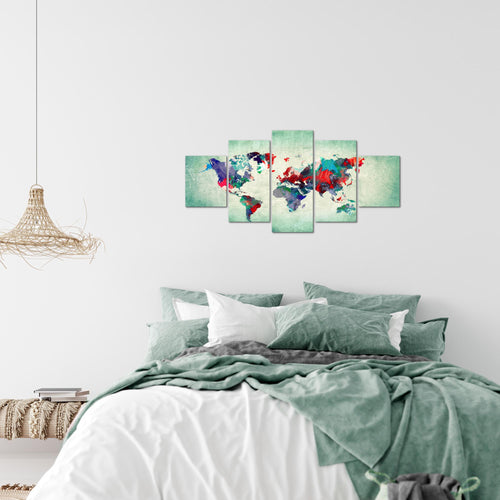 Runa Art Wandbilder Weltkarte 5 Teilig Bild auf Vlies Leinwand Deko Büro Wohnzimmer Kontinente Bunt Grün 105152b