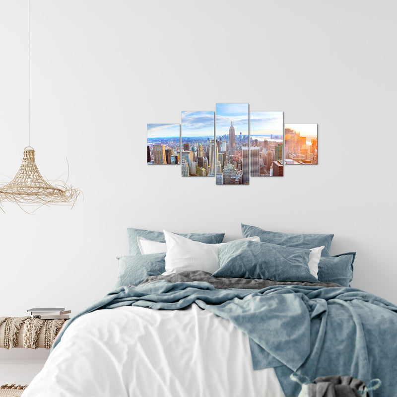 Runa Art Wandbilder New York Skyline 5 Teilig Bild auf Vlies Leinwand Deko Wohnzimmer Büro NY City Blau Beige 010252a