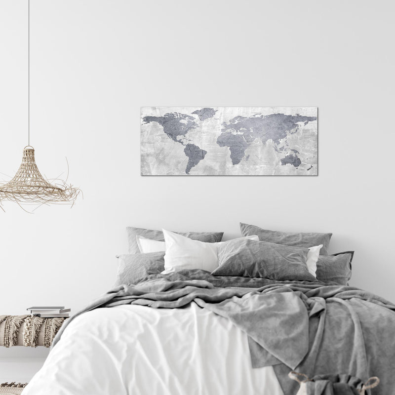 Runa Art Wandbild Weltkarte 1 Teilig 100 x 40 cm Modern Bild auf Vlies Leinwand Landkarte Beton Büro Wohnzimmer Grau 104312c