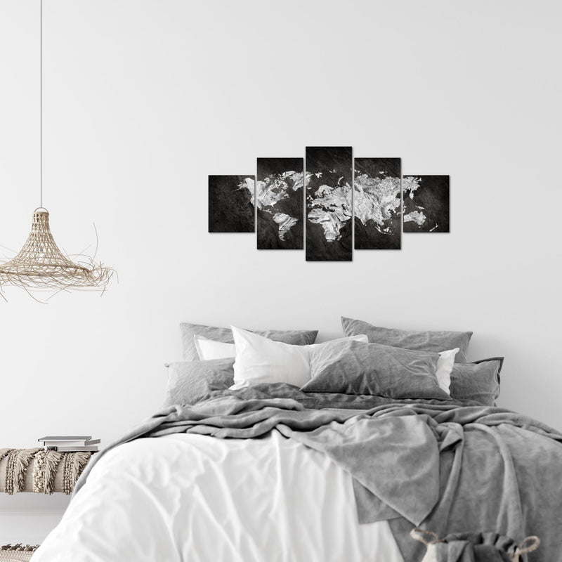 Runa Art Wandbilder Weltkarte 5 Teilig Bild auf Vlies Leinwand Deko Büro Wohnzimmer Kontinente Schwarz Weiss 002952a