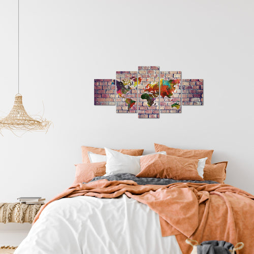 Runa Art Wandbilder Weltkarte 3D Effekt 5 Teilig Bild auf Vlies Leinwand Deko Büro Wohnzimmer Ziegel Bunt Braun 106952c