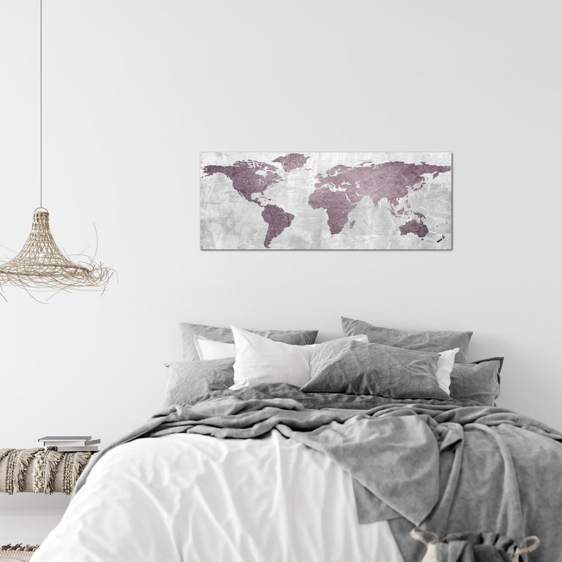 Runa Art Wandbild Weltkarte 1 Teilig 100 x 40 cm Modern Bild auf Vlies Leinwand Kontinente Beton Büro Wohnzimmer Rosa 104312a