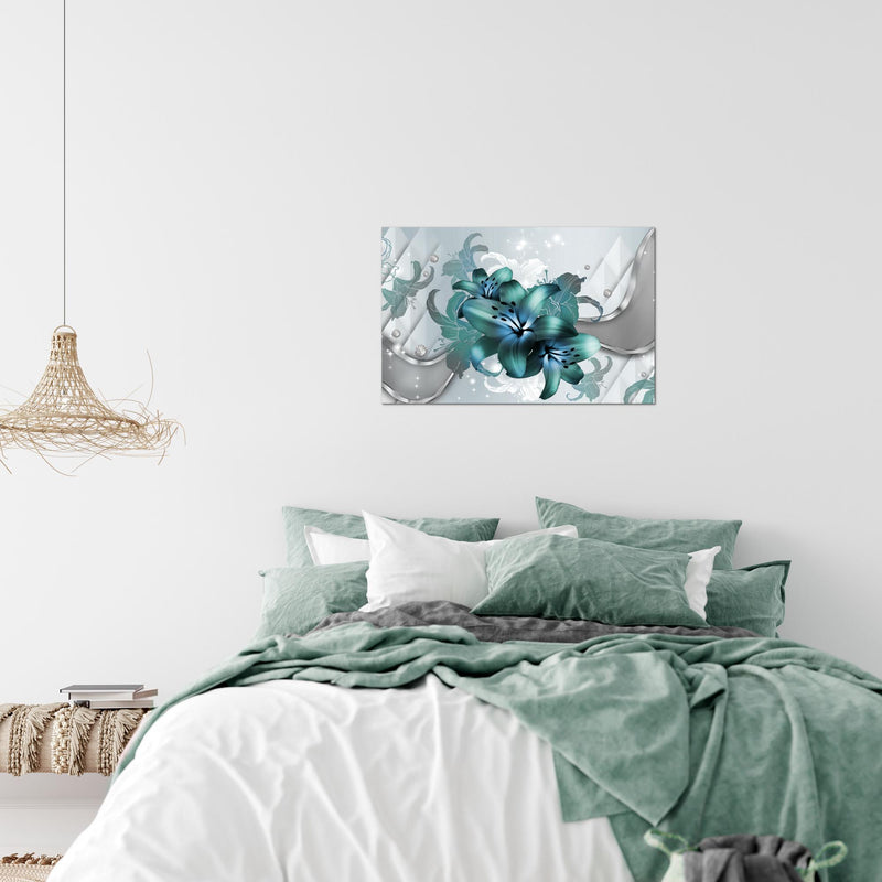 Runa Art Bild Blumen Lilien Modern Wandbilder Wohnzimmer 1 Teilig - Made In Germany - Abstrakt Grau Türkis Flur 016515a