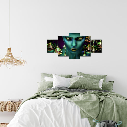 Runa Art Wandbilder Frau Gesicht Lippen 5 Teilig Bild auf Vlies Leinwand Deko Wohnzimmer Schlafzimmer Kosmetik Fashion Türkis Gold 042152a