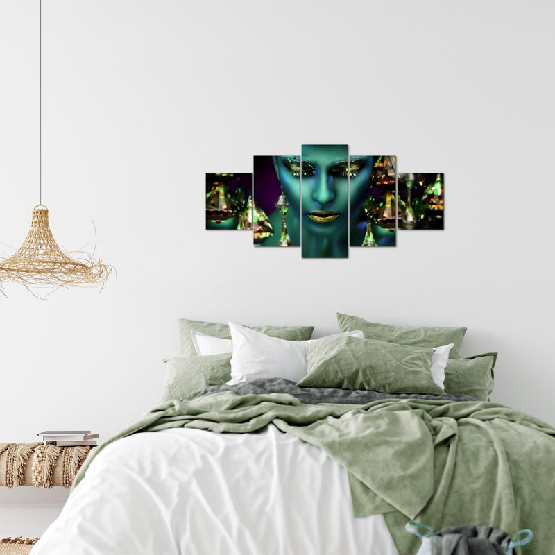 Runa Art Wandbilder Frau Gesicht Lippen 5 Teilig Bild auf Vlies Leinwand Deko Wohnzimmer Schlafzimmer Kosmetik Fashion Türkis Gold 042152a