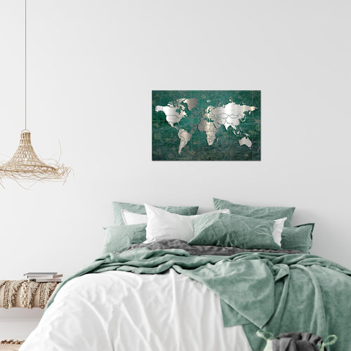 Runa Art Bild Weltkarte Modern Wandbilder Wohnzimmer Büro 1 Teilig - Made In Germany - Vintage Grün Silber Flur 109015c