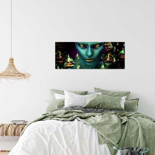Runa Art Wandbild Frau Gesicht Lippen 100 x 40 cm Modern Bild auf Vlies Leinwand Kosmetik Fashion Wohnzimmer Schlafzimmer Türkis Gold 042112a