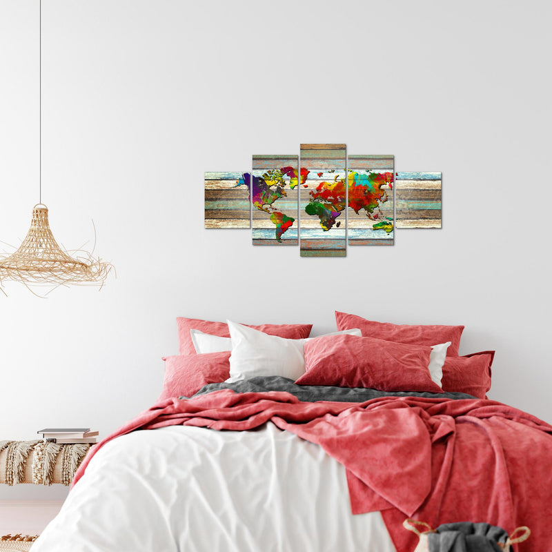 Runa Art Wandbilder Weltkarte 5 Teilig Bild auf Vlies Leinwand Deko Büro Wohnzimmer Vintage Holz Bunt 105452a