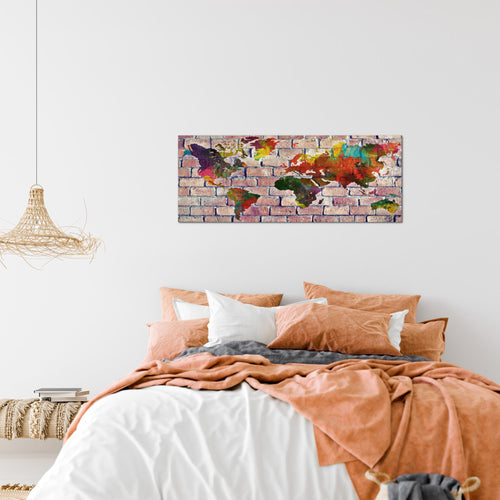 Runa Art Wandbild Weltkarte 1 Teilig 100 x 40 cm Modern Bild auf Vlies Leinwand Ziegelwand Büro Wohnzimmer Rot Bunt 106912c