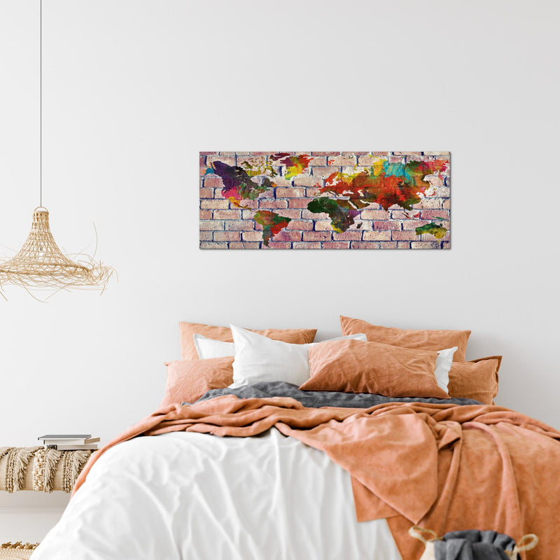 Runa Art Wandbild Weltkarte 1 Teilig 100 x 40 cm Modern Bild auf Vlies Leinwand Ziegelwand Büro Wohnzimmer Rot Bunt 106912c