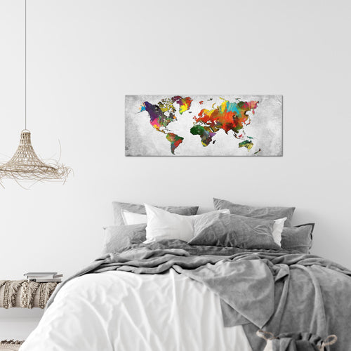 Runa Art Wandbild Weltkarte 1 Teilig 100 x 40 cm Modern Bild auf Vlies Leinwand Landkarte Beton Büro Wohnzimmer Bunt 105112c