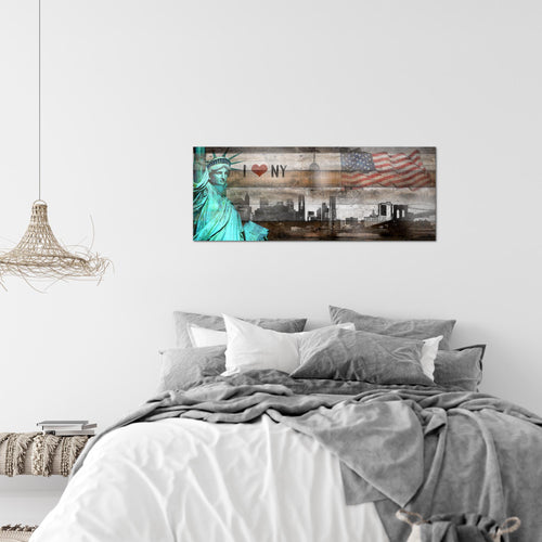 Runa Art Wandbild New York City 1 Teilig 100 x 40 cm Modern Bild auf Vlies Leinwand Freiheitsstatue Wohnzimmer Büro Türkis Braun 034212c