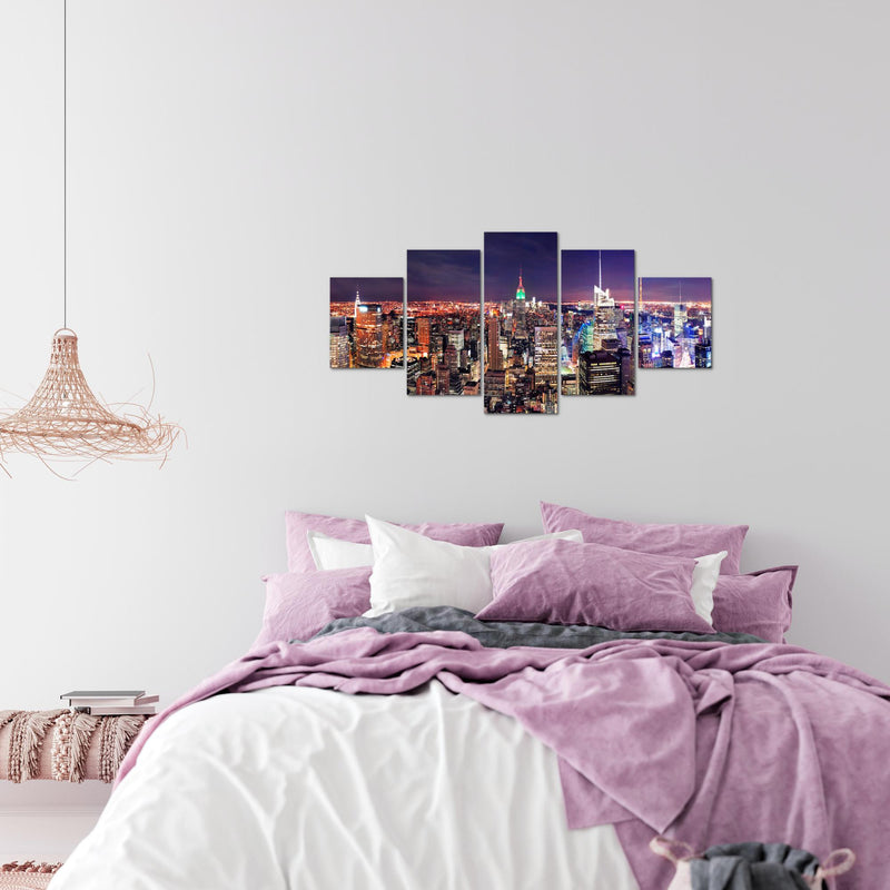 Runa Art Wandbilder New York Skyline 5 Teilig Bild auf Vlies Leinwand Deko Wohnzimmer Büro Städte Violett Lila 036252a
